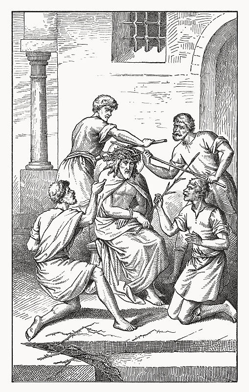 耶稣被嘲笑(马太福音27,27 -30)，木版雕刻，1898年出版